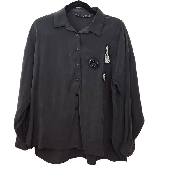 ZARA Basic Collection Black Glitter Rhinestone Beaded Button Down Shirt Women M - Picture 1 of 8